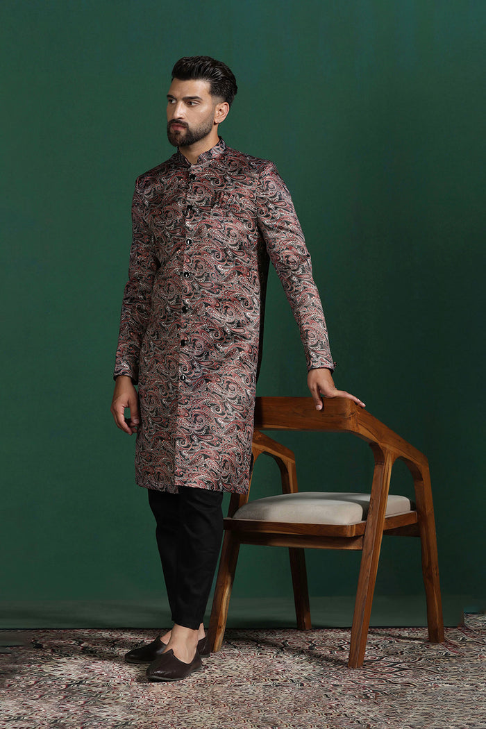 Dark Maroon Cotton Blend Printed Sherwani Set
