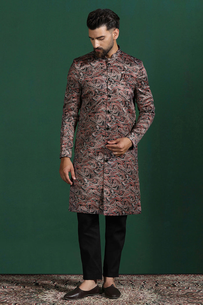 Dark Maroon Cotton Blend Printed Sherwani Set