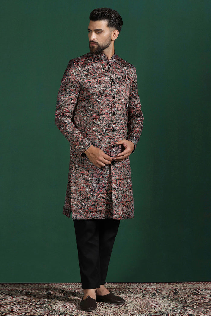 Dark Maroon Cotton Blend Printed Sherwani Set
