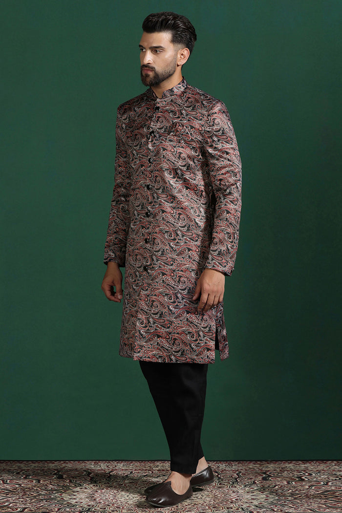 Dark Maroon Cotton Blend Printed Sherwani Set