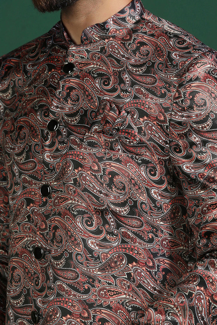 Dark Maroon Cotton Blend Printed Sherwani Set