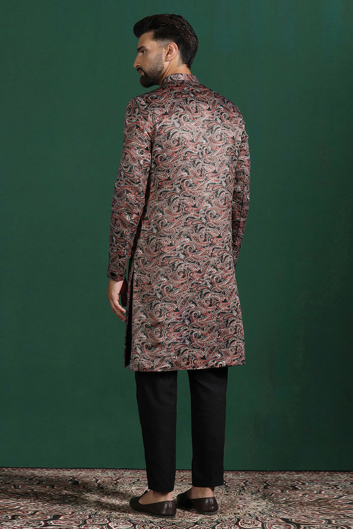 Dark Maroon Cotton Blend Printed Sherwani Set