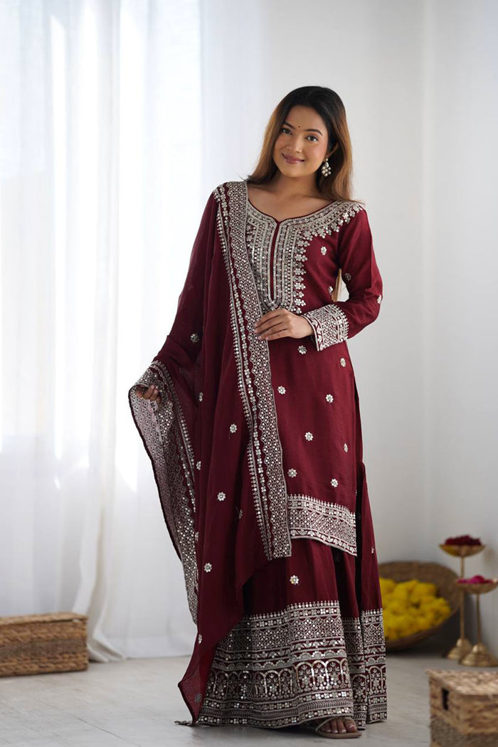 Dark Maroon Floral Embroidered Silk Sharara Set