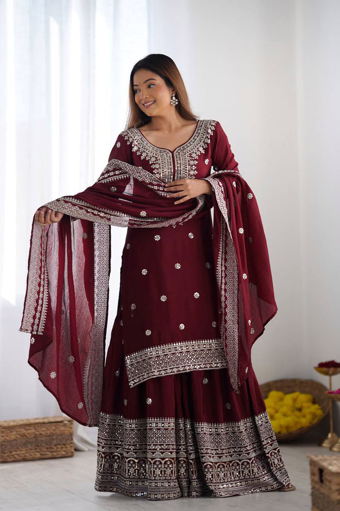 Dark Maroon Floral Embroidered Silk Sharara Set
