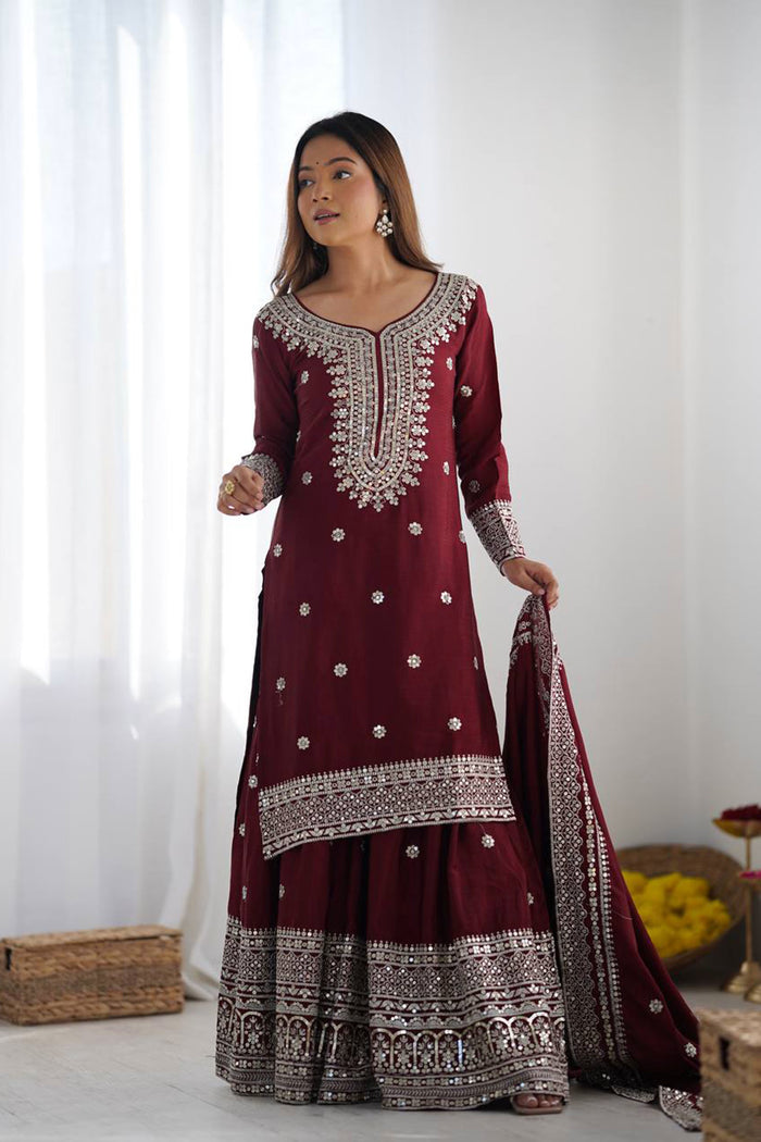 Dark Maroon Floral Embroidered Silk Sharara Set