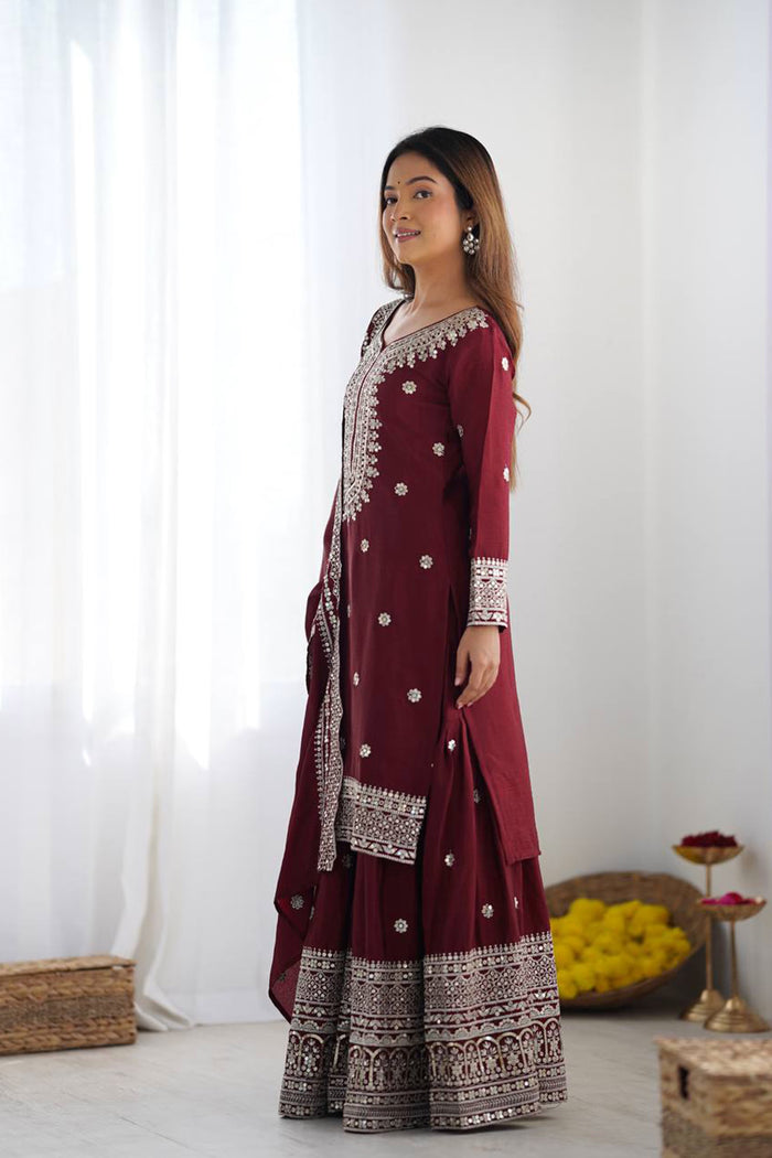 Dark Maroon Floral Embroidered Silk Sharara Set
