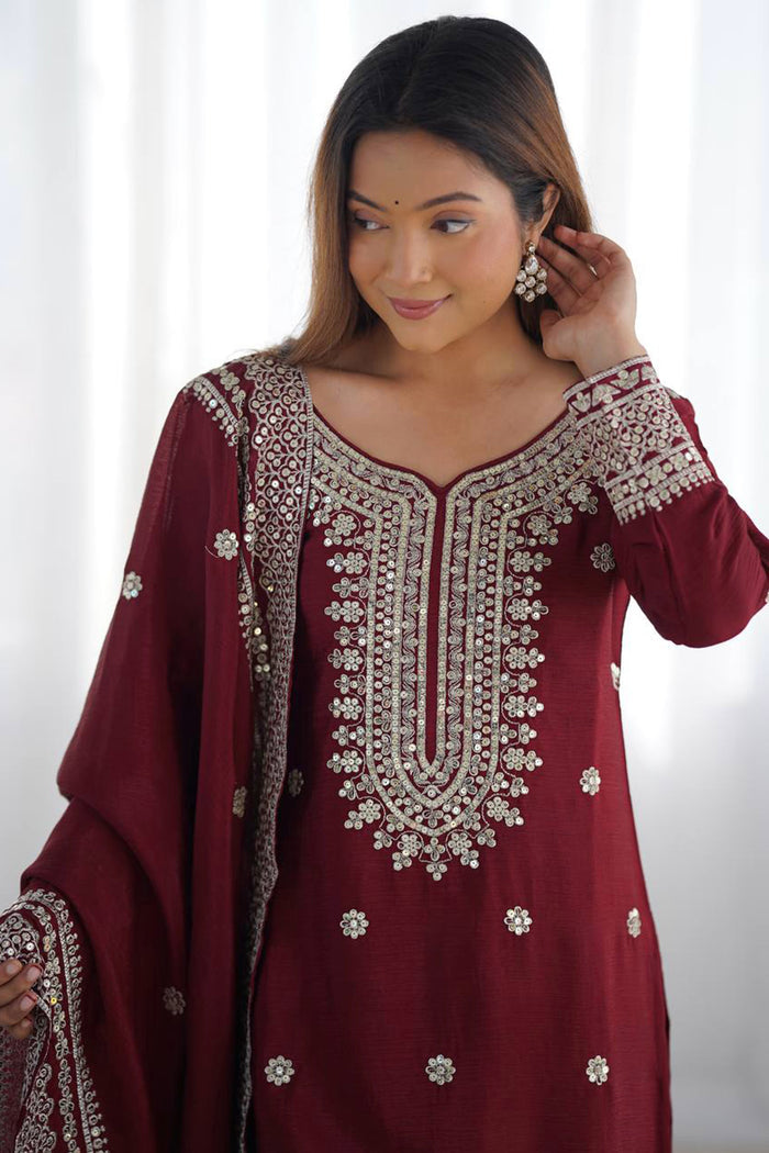 Dark Maroon Floral Embroidered Silk Sharara Set