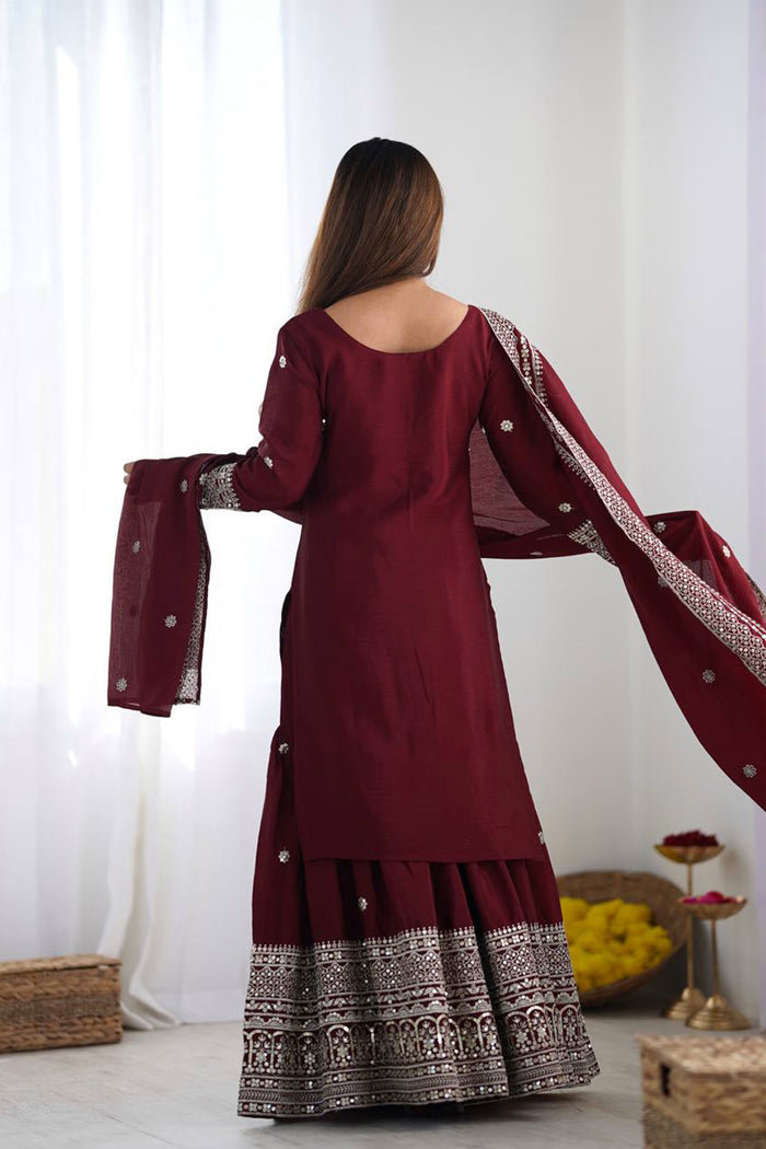 Dark Maroon Floral Embroidered Silk Sharara Set