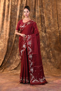 Dark Maroon Tussar Embroidered Saree