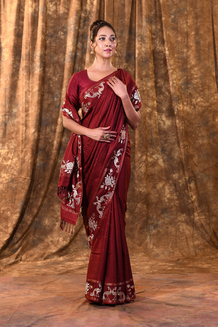 Dark Maroon Tussar Embroidered Saree