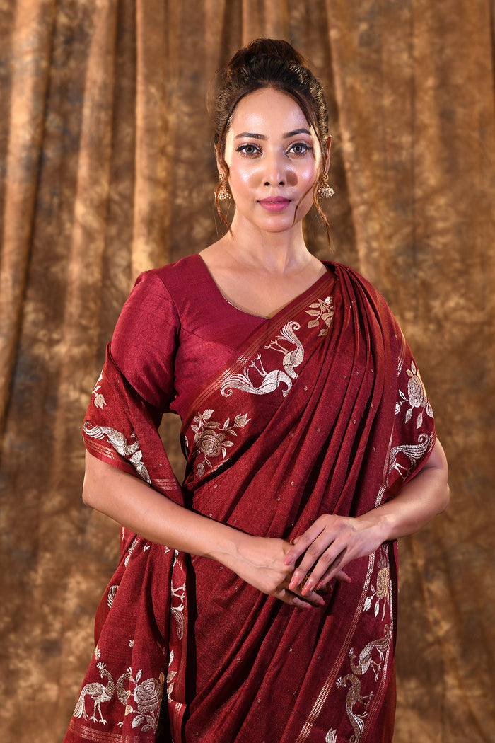 Dark Maroon Tussar Embroidered Saree