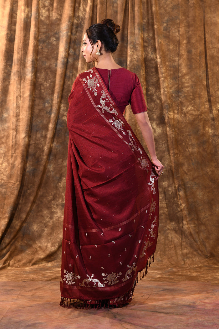Dark Maroon Tussar Embroidered Saree