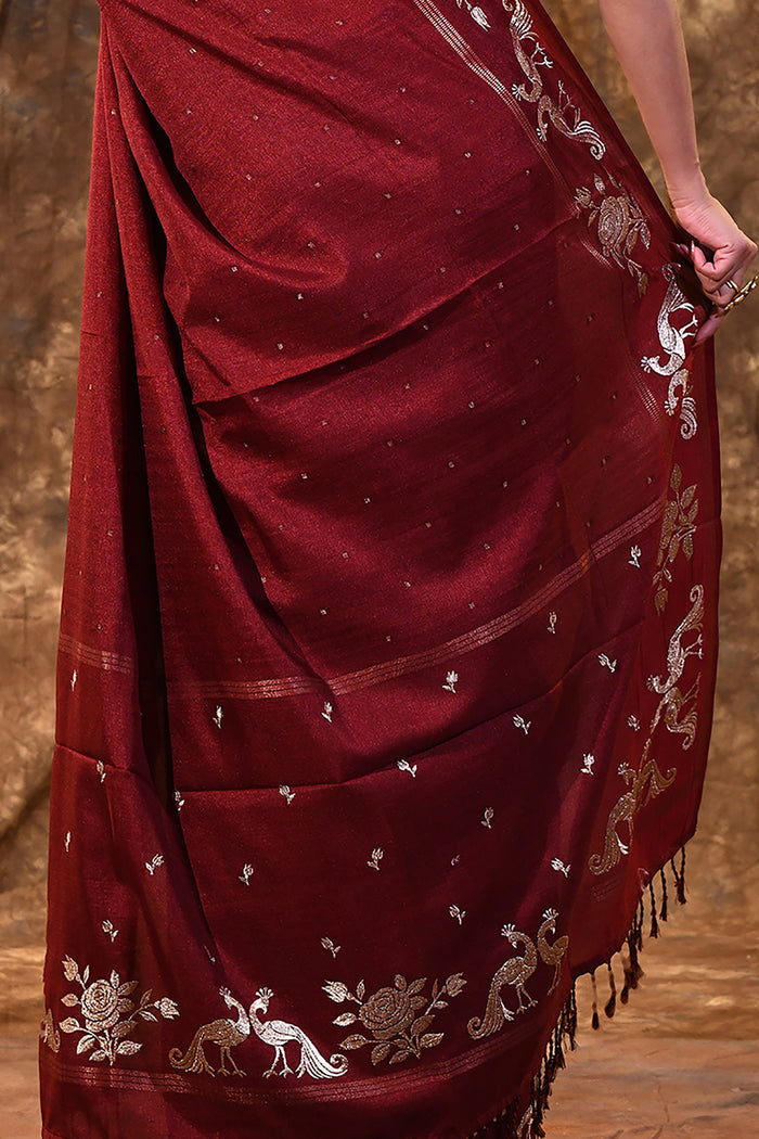 Dark Maroon Tussar Embroidered Saree