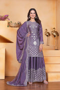 Dark Mauve Purple Silk Embroidered Sharara Set