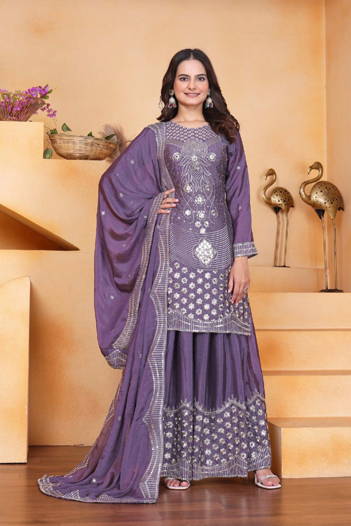 Dark Mauve Purple Silk Embroidered Sharara Set