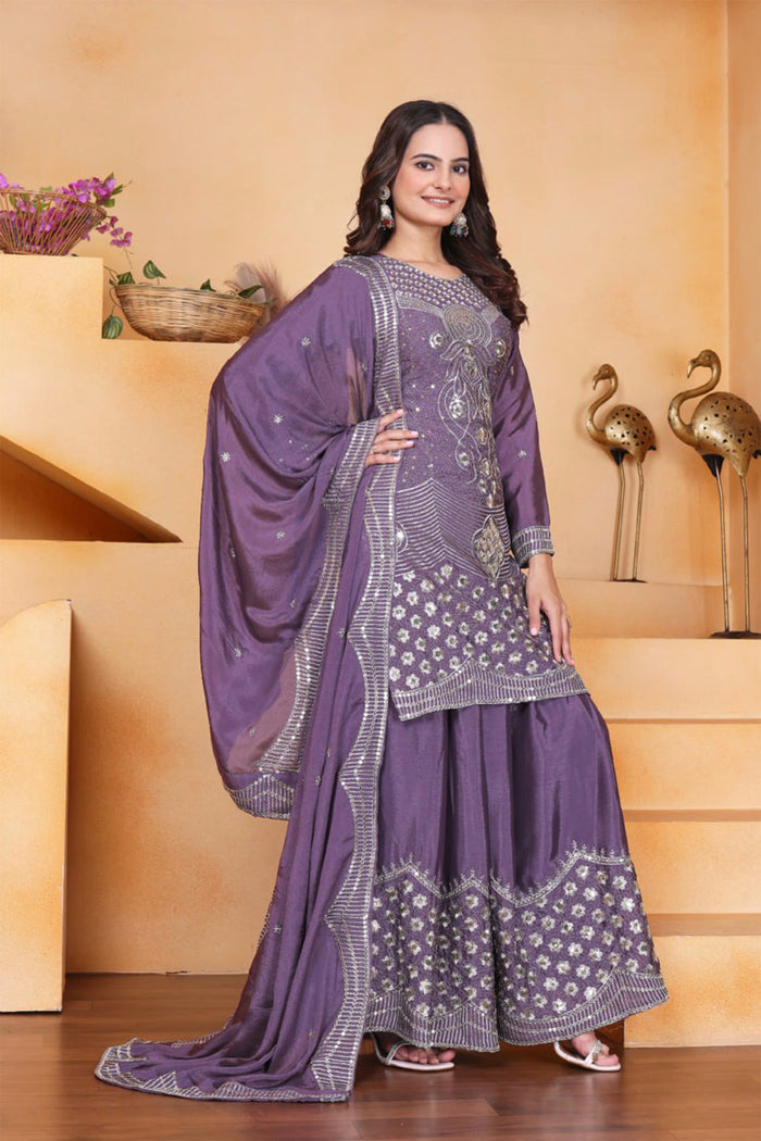 Dark Mauve Purple Silk Embroidered Sharara Set