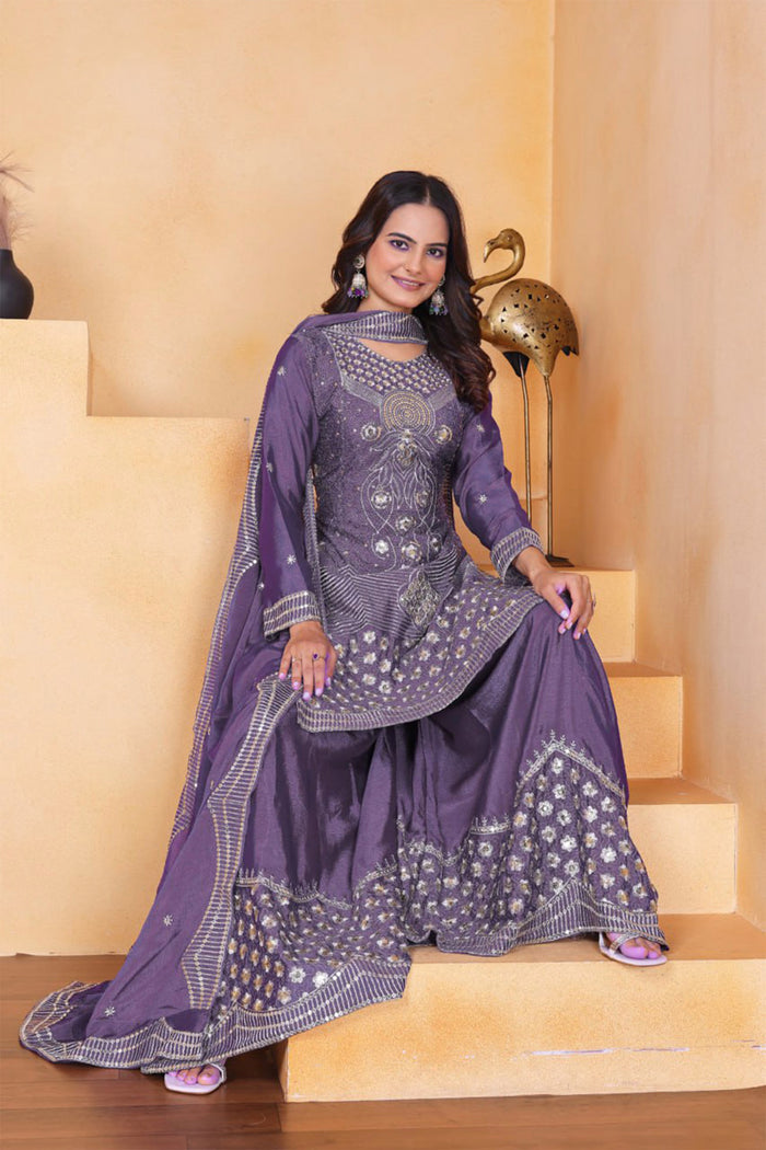 Dark Mauve Purple Silk Embroidered Sharara Set