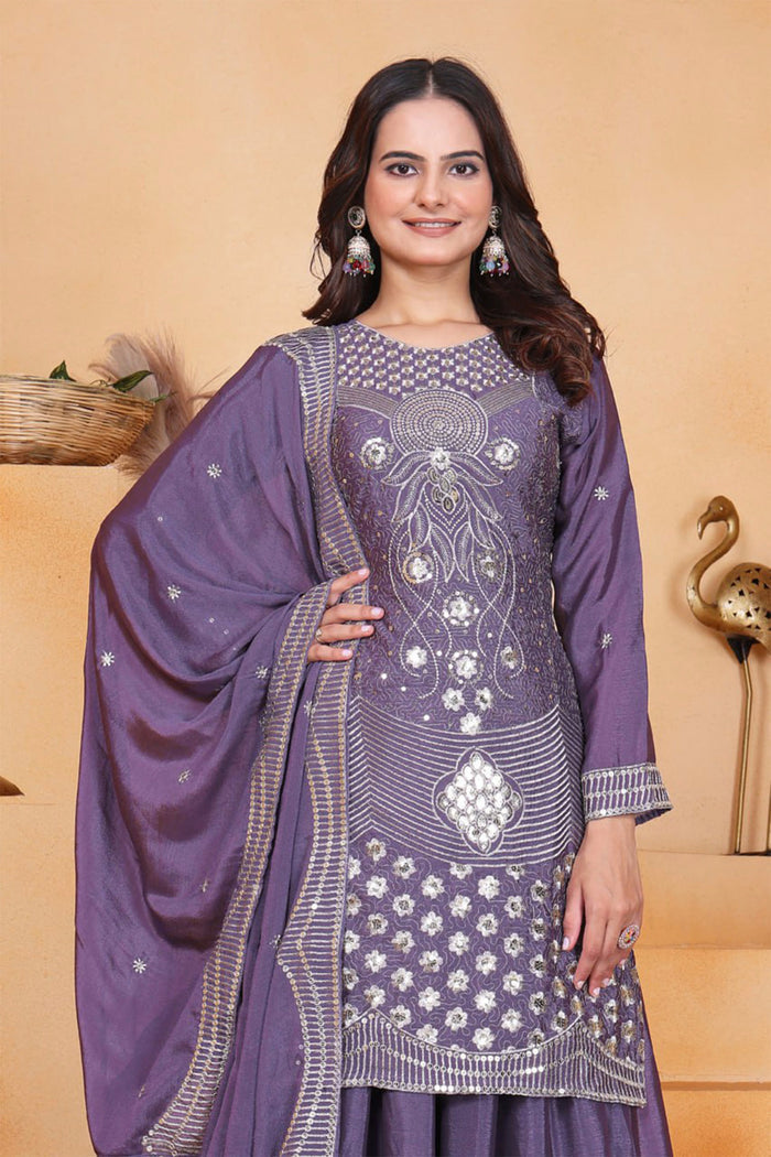 Dark Mauve Purple Silk Embroidered Sharara Set
