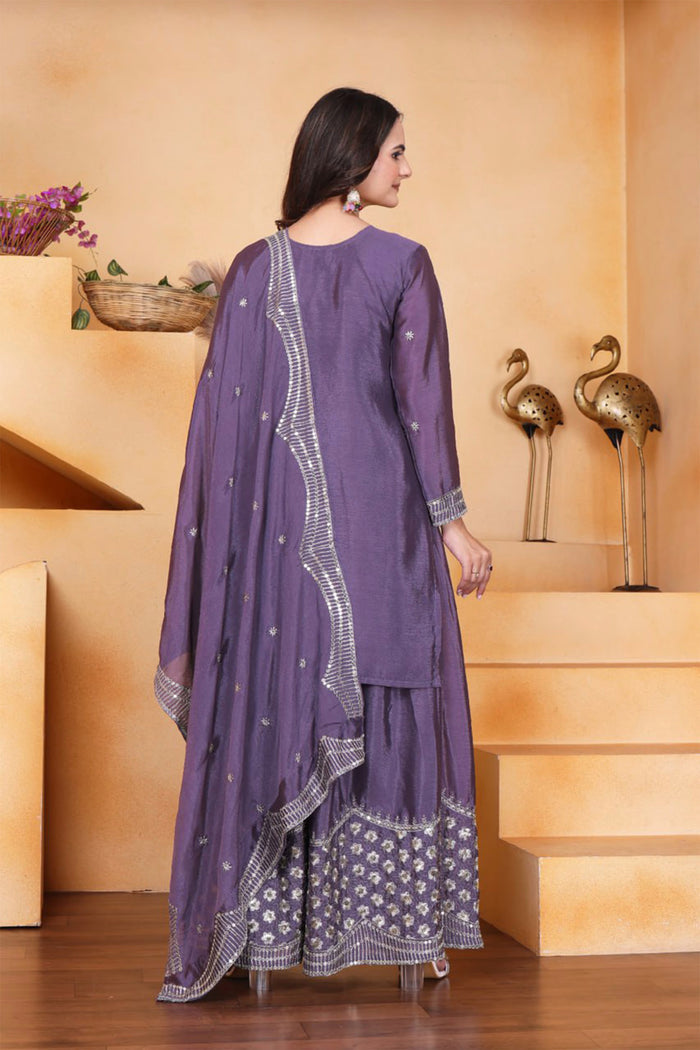 Dark Mauve Purple Silk Embroidered Sharara Set
