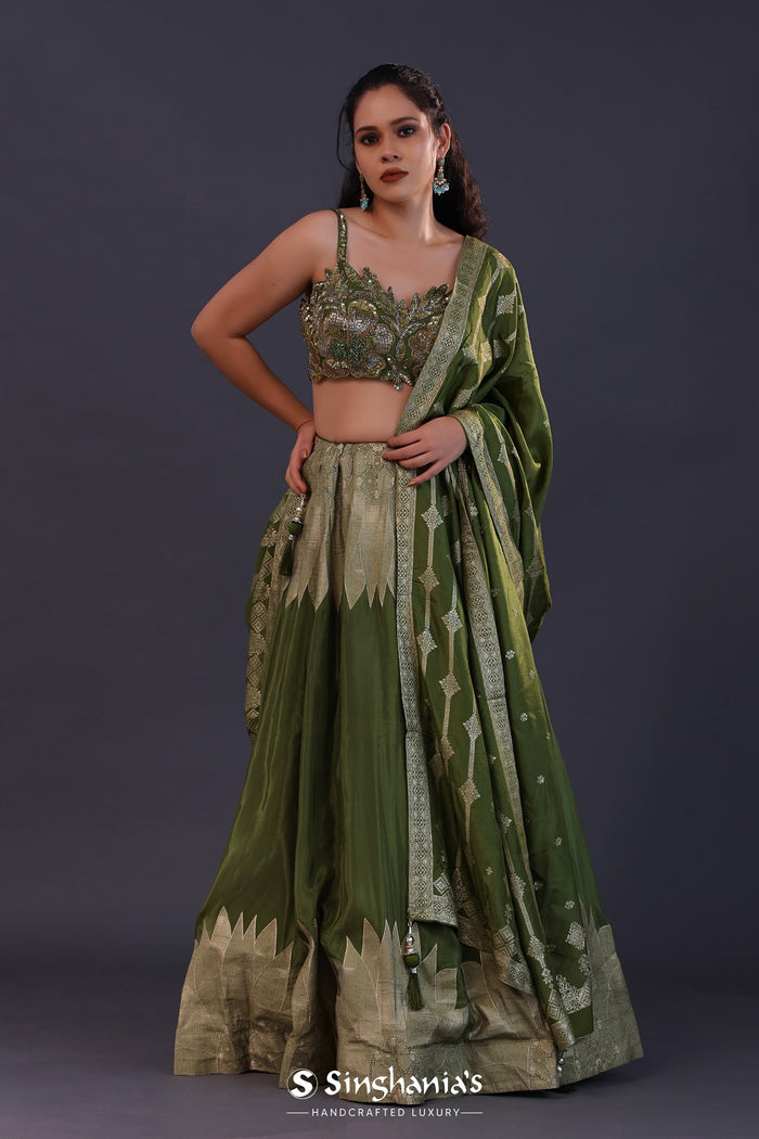 <img> Dark Moss Green Banarsi Silk Embroidered Lehenga Set