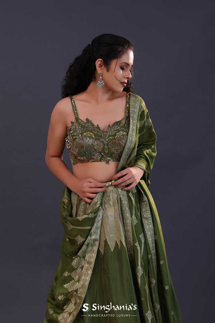 <img> Dark Moss Green Banarsi Silk Embroidered Lehenga Set