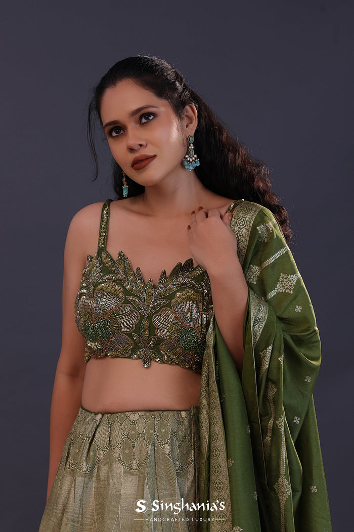 <img> Dark Moss Green Banarsi Silk Embroidered Lehenga Set