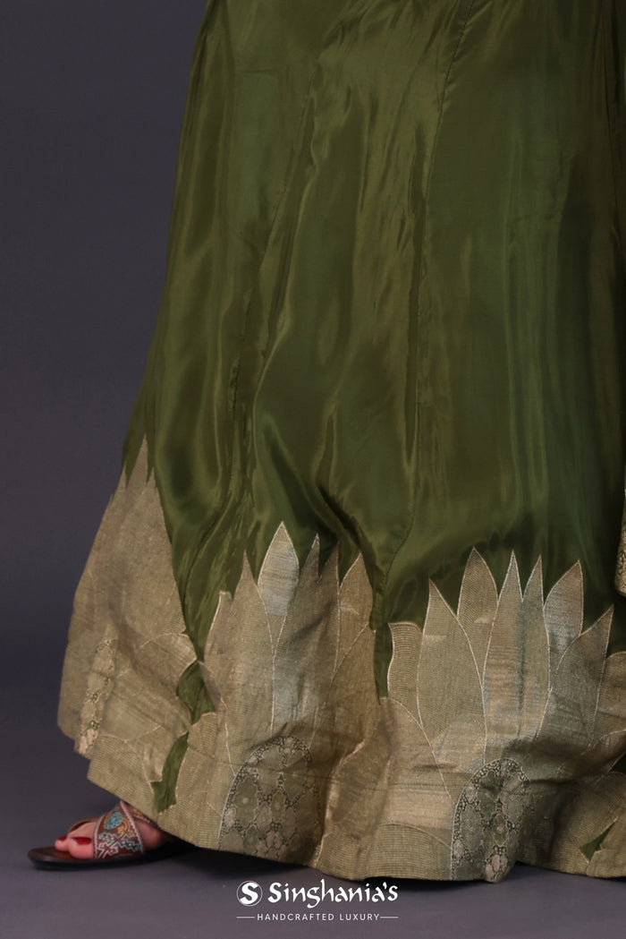<img> Dark Moss Green Banarsi Silk Embroidered Lehenga Set