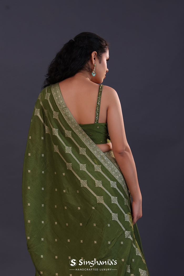 <img> Dark Moss Green Banarsi Silk Embroidered Lehenga Set