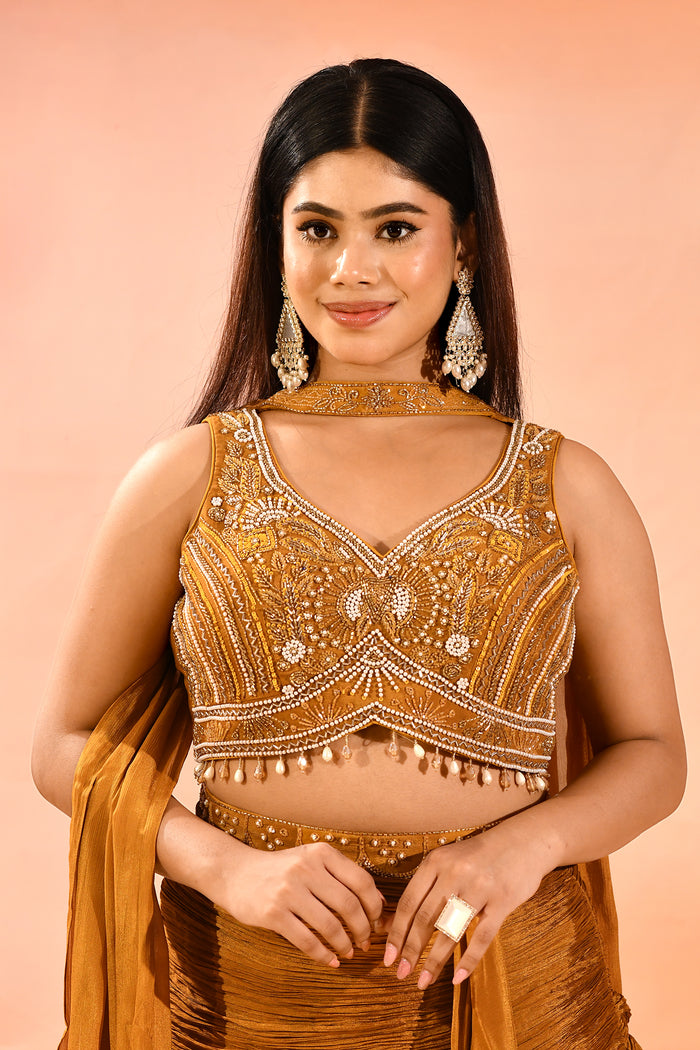 Dark Mustard Yellow Embroidery Crop Top Set