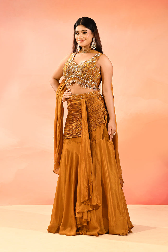 Dark Mustard Yellow Embroidery Crop Top Set