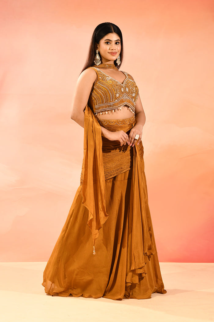 Dark Mustard Yellow Embroidery Crop Top Set