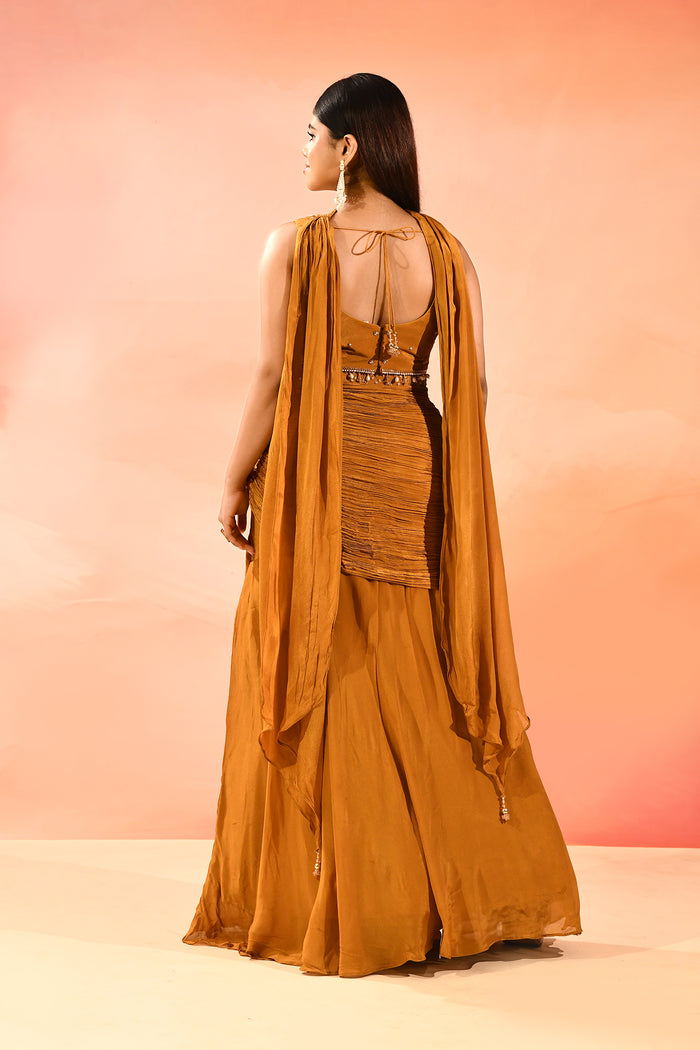 Dark Mustard Yellow Embroidery Crop Top Set