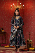 <img> Dark Navy Blue Georgette Floral Printed Anarkali Set