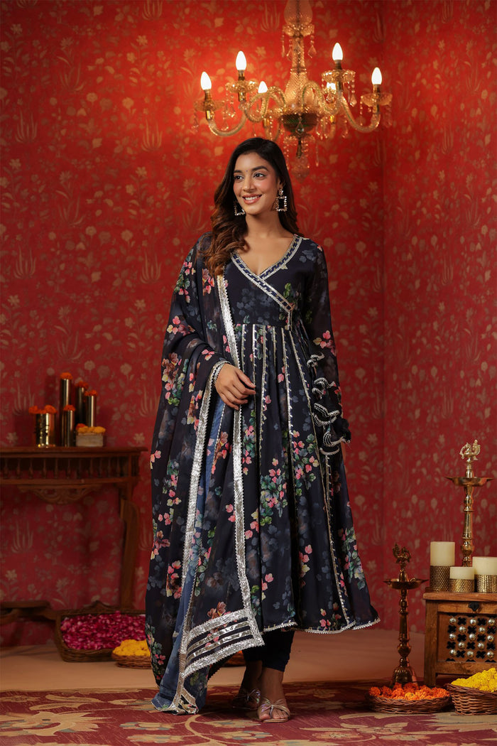 <img> Dark Navy Blue Georgette Floral Printed Anarkali Set