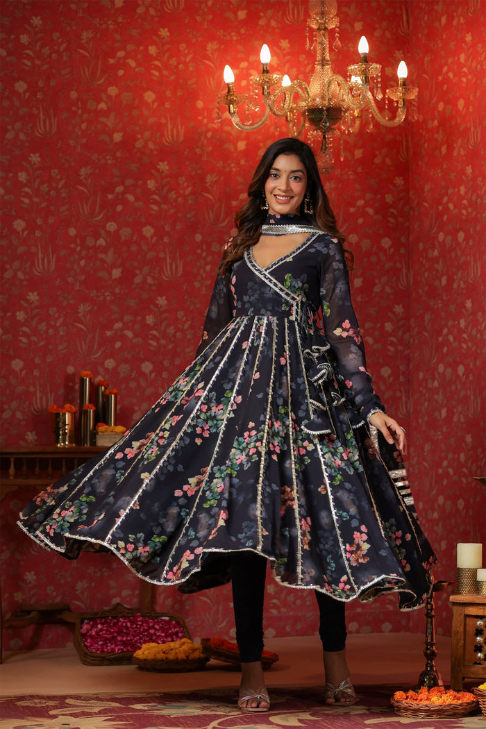 <img> Dark Navy Blue Georgette Floral Printed Anarkali Set