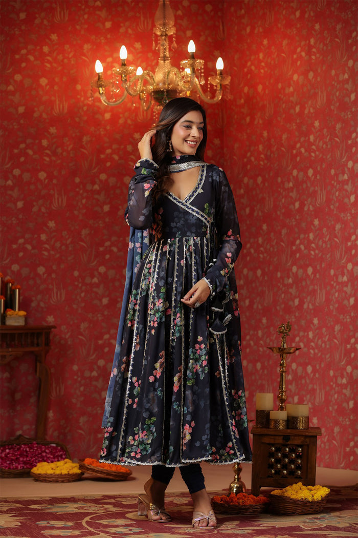 <img> Dark Navy Blue Georgette Floral Printed Anarkali Set