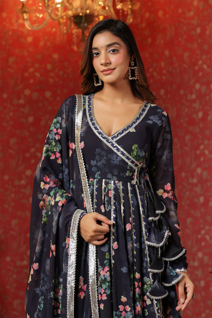 <img> Dark Navy Blue Georgette Floral Printed Anarkali Set