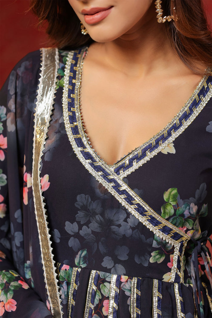 <img> Dark Navy Blue Georgette Floral Printed Anarkali Set