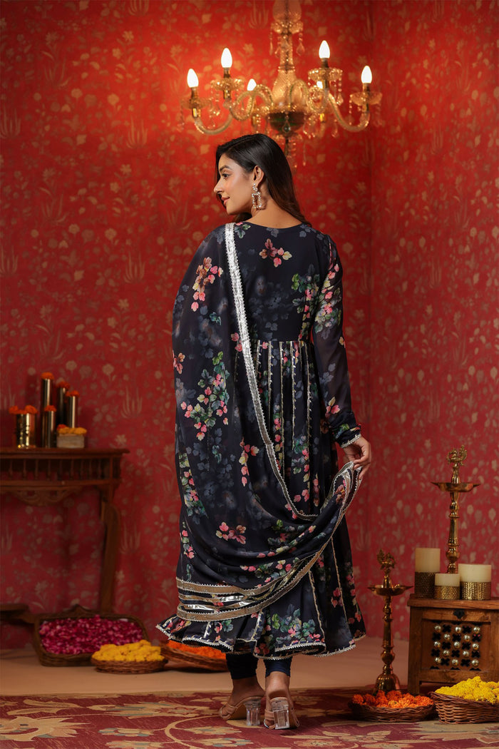 <img> Dark Navy Blue Georgette Floral Printed Anarkali Set