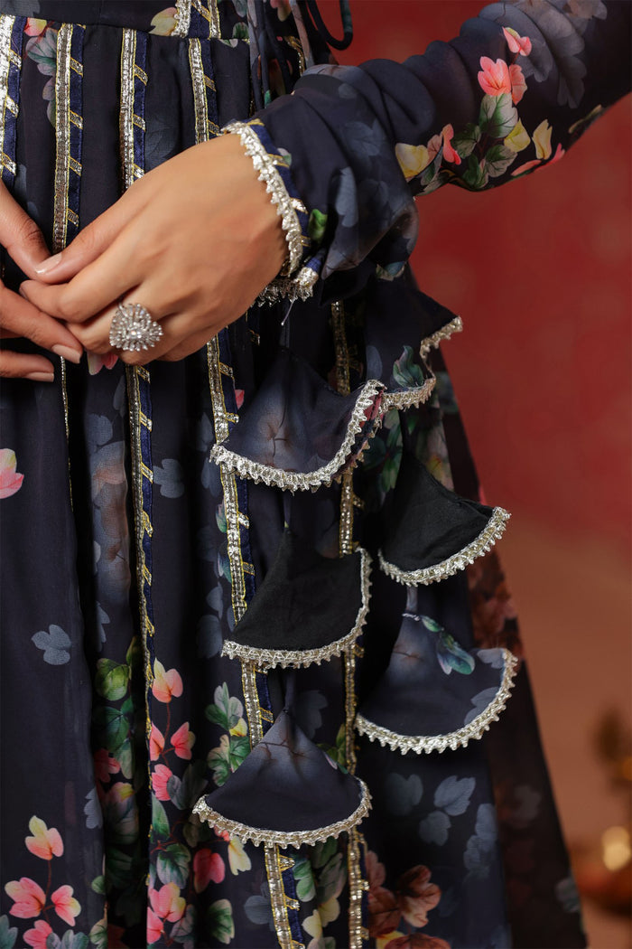 <img> Dark Navy Blue Georgette Floral Printed Anarkali Set