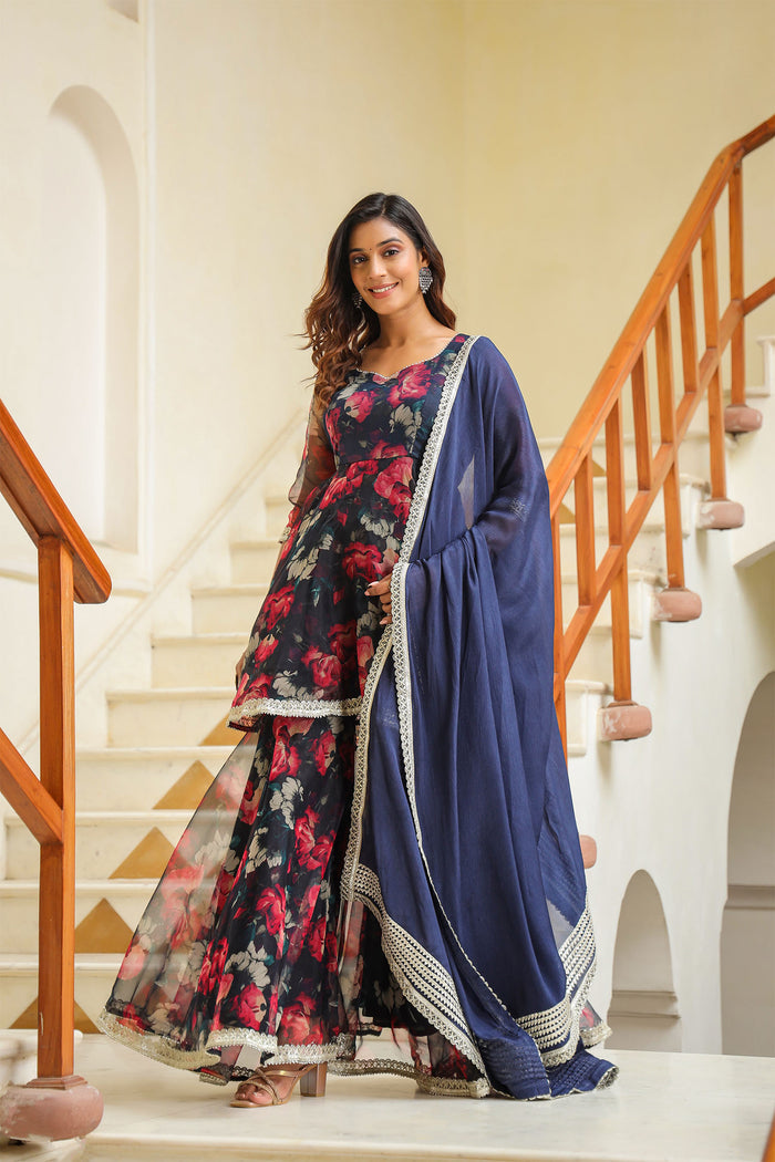 <img> Dark Night Blue Organza Floral Sharara Set