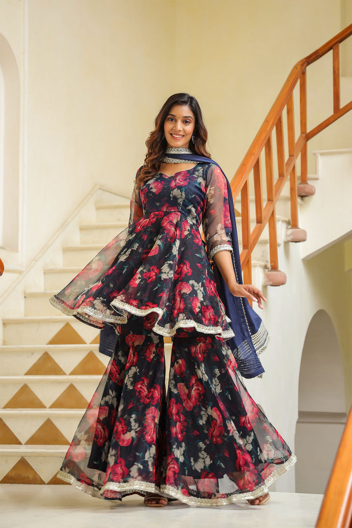 <img> Dark Night Blue Organza Floral Sharara Set