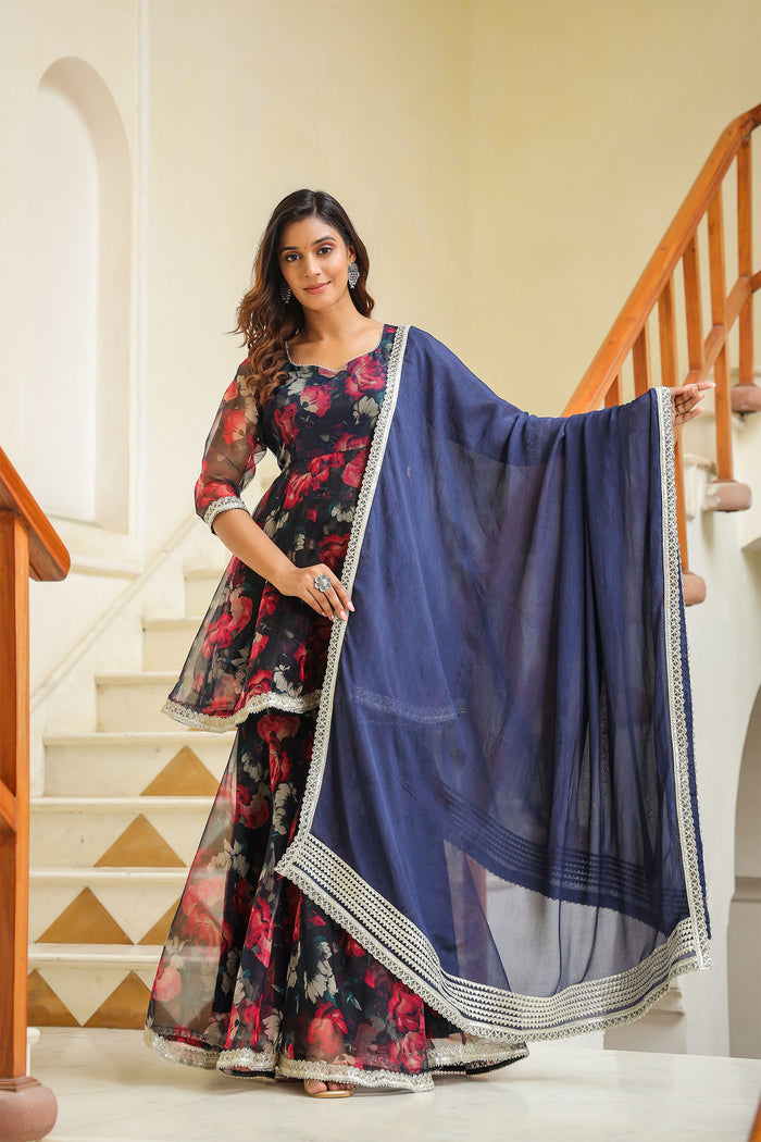 <img> Dark Night Blue Organza Floral Sharara Set