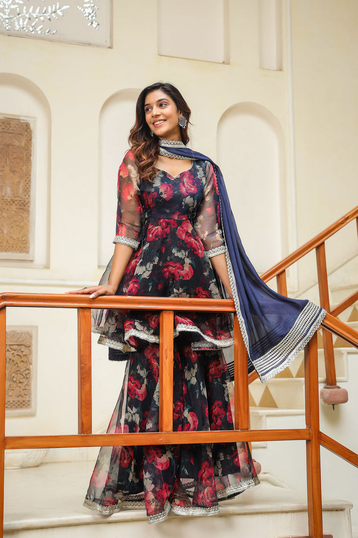 <img> Dark Night Blue Organza Floral Sharara Set