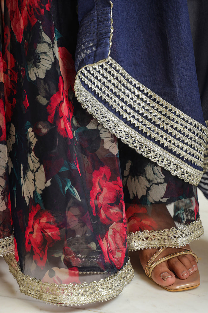 <img> Dark Night Blue Organza Floral Sharara Set