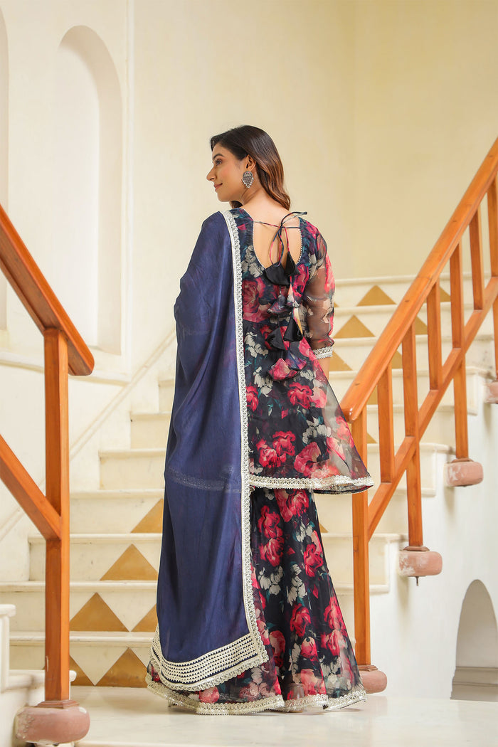 <img> Dark Night Blue Organza Floral Sharara Set