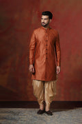 Dark Orange Cotton Blend Printed Sherwani Set