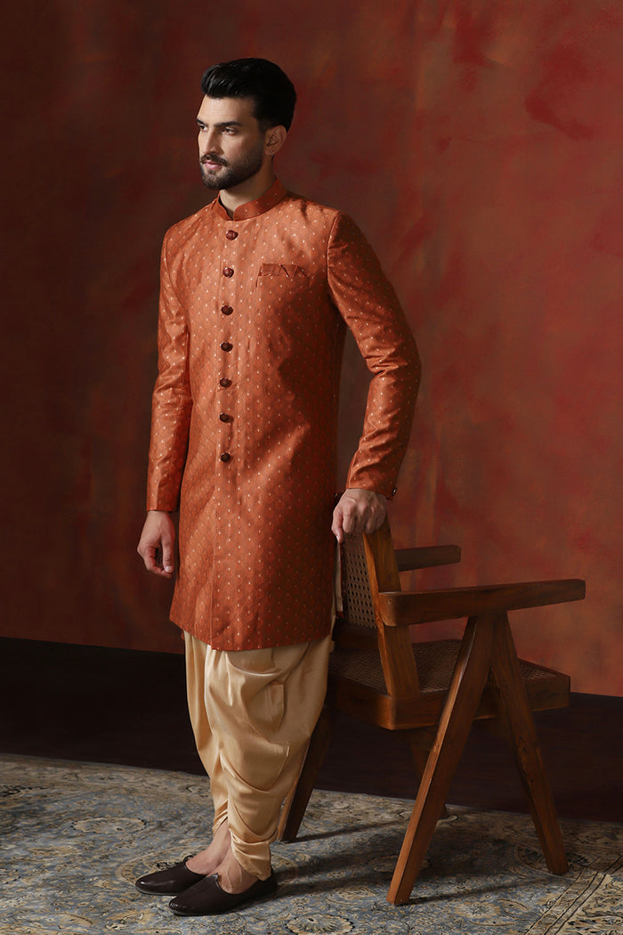 Dark Orange Cotton Blend Printed Sherwani Set