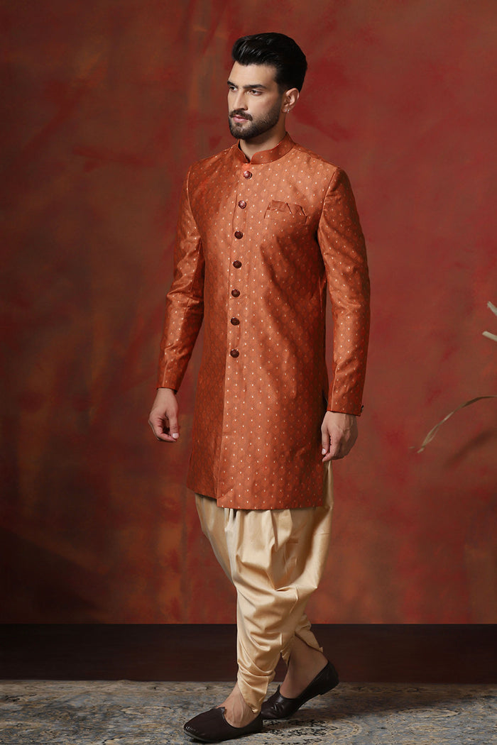 Dark Orange Cotton Blend Printed Sherwani Set