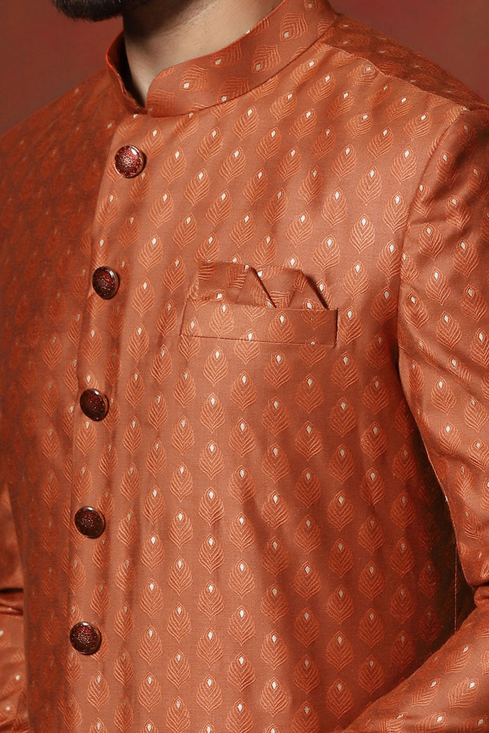Dark Orange Cotton Blend Printed Sherwani Set
